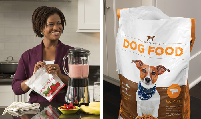 Woman Making Smoothie and Dog Food Bag